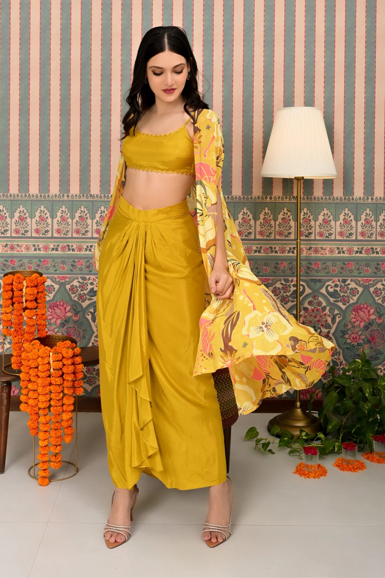 Shop Yellow Piece Coord Set With Shrug Crop Top Dhoti Skirt for