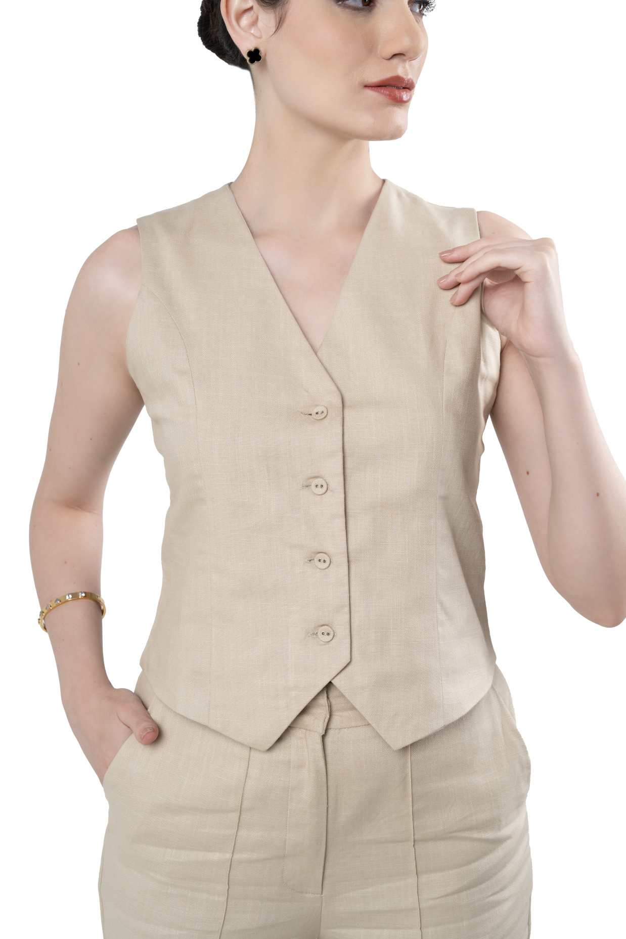 Beige Tropical Print Co-Ord Set Waistcoat