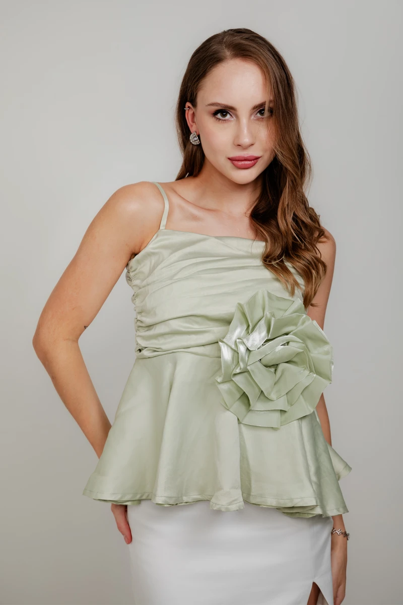 Green Satin Peplum Top With Corsage Detailing